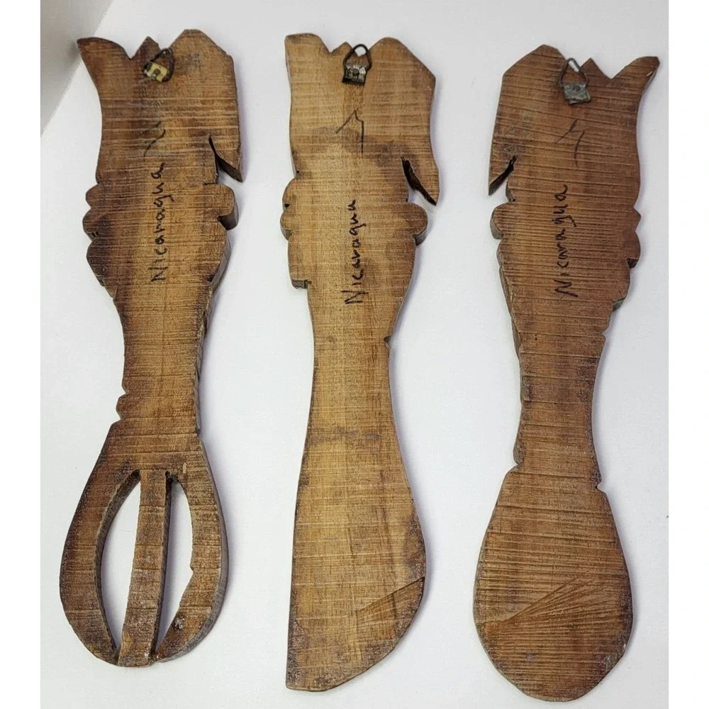 Hand Carved Wooden Tribal Tiki Totem Faces Knife Spoon Fork Wall Hanging Vintage